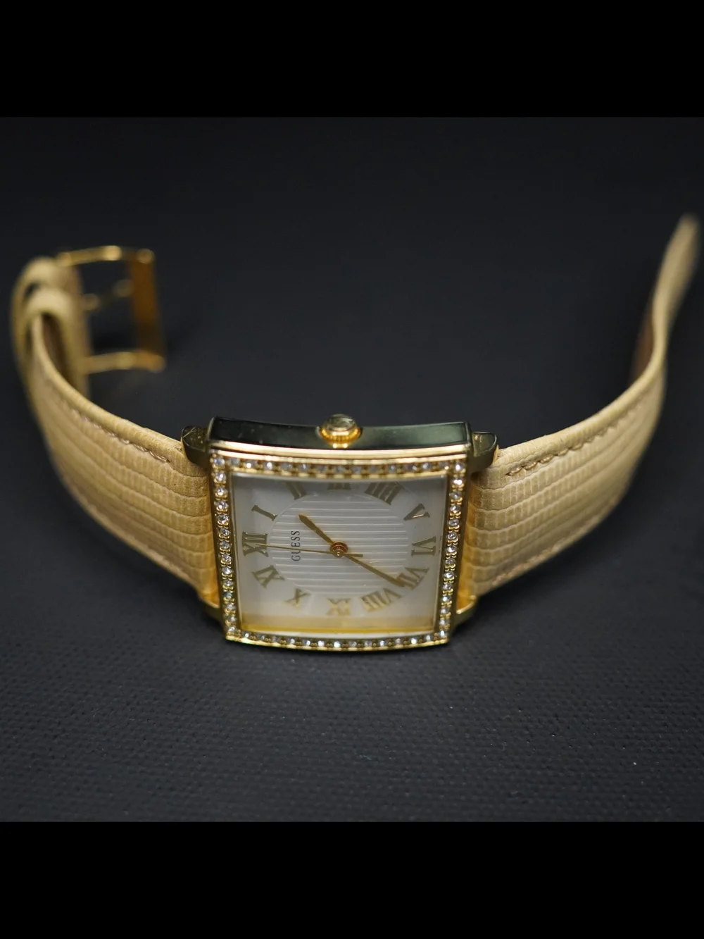 GUESS Women’s Gold-Tone Square Rhinestone Bezel Roman Numeral Quartz Beige Strap